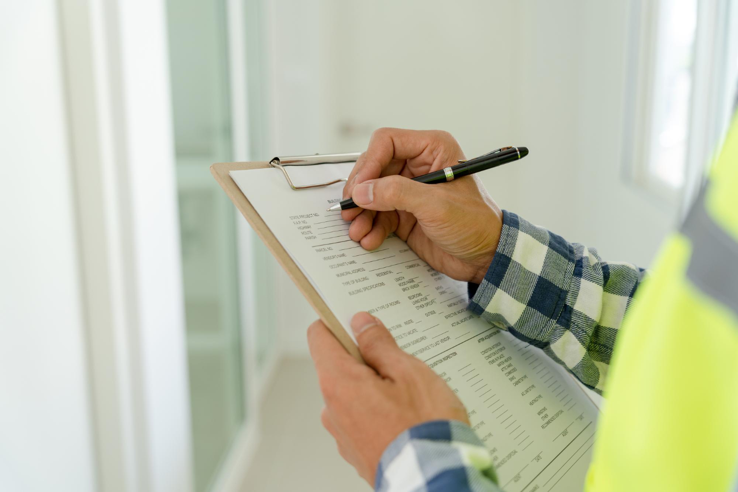 Engineer with clipboard inspecting site